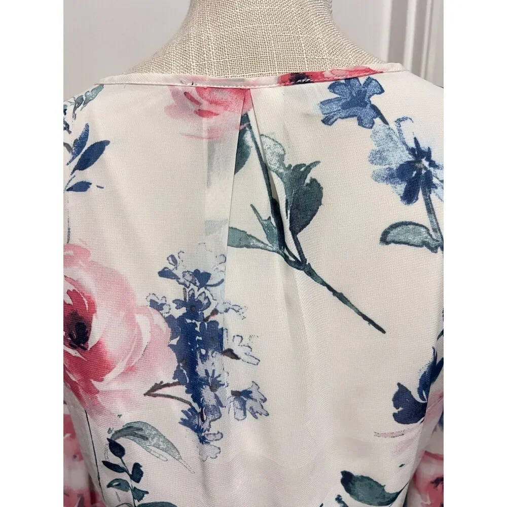 RICARICA Ivory Pink Blue Floral Maxi Dress Medium Boho Romantic Tie Waist Lined - Picture 8 of 8